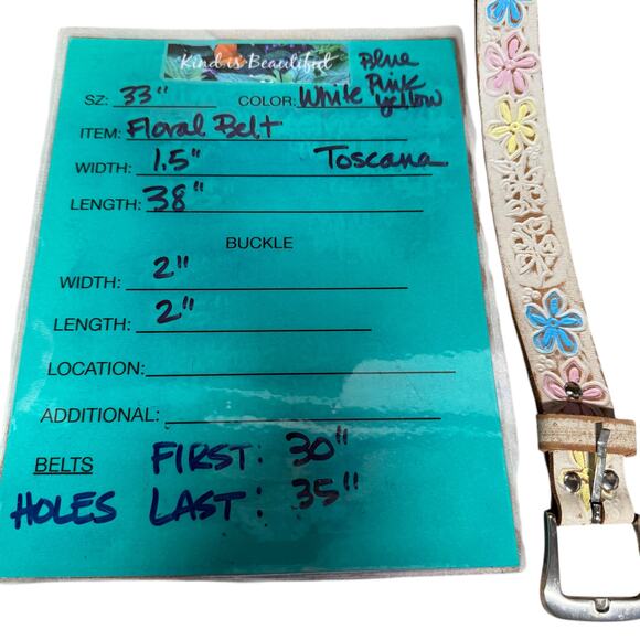 Toscana Tooled Leather Belt SZ 33 Floral Womens White Pastel Boho Western Hippie - Picture 12 of 12